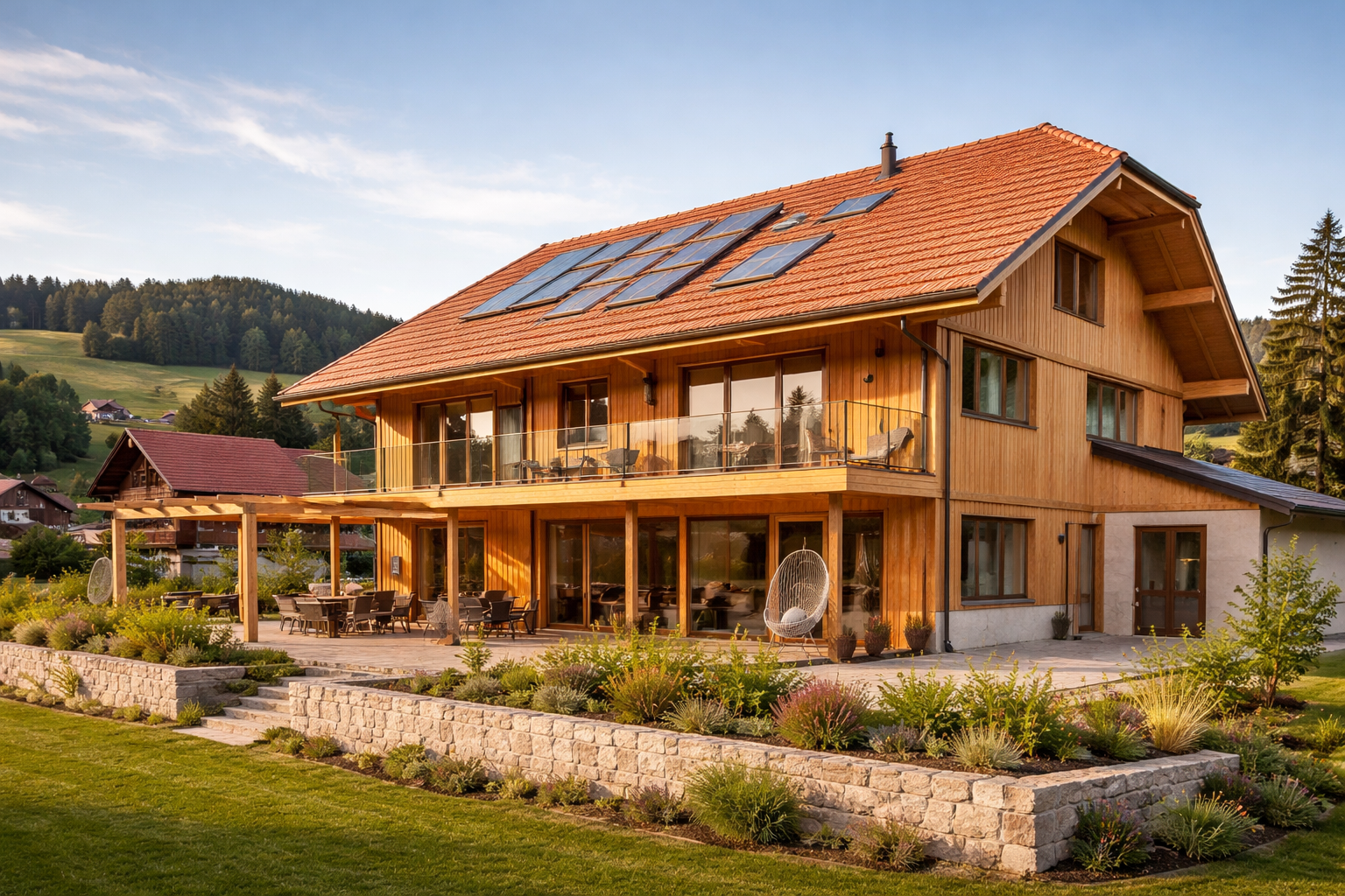 Fertiggestelltes Holzhaus mit Holzfassade und Solaranlage